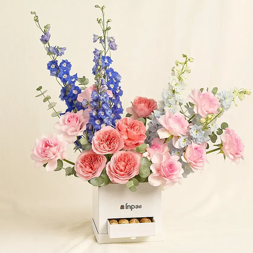 Garden Roses and Delphinium Arrangement: For Anniversary