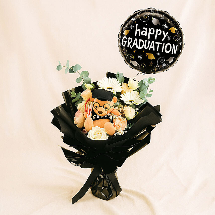 Graduation Bouquet with Teddy & Balloon Surprise: Graduation Gifts Singapore