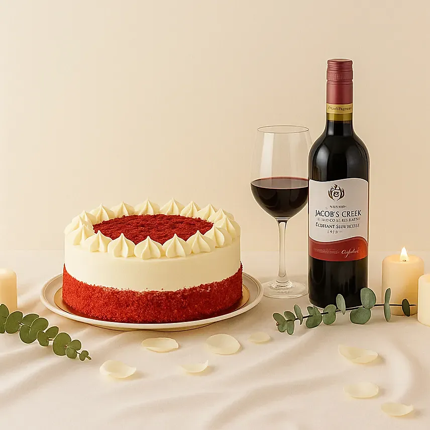Scrumptious Red Velvet Cake n Wine: Combo Gifts Singapore