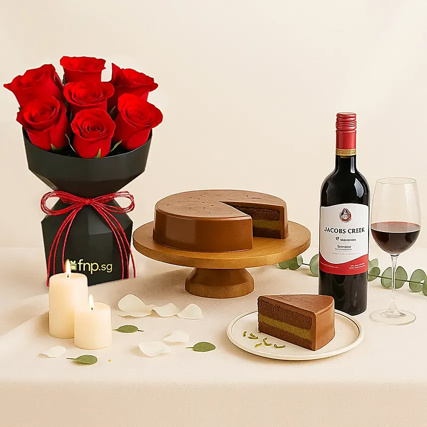Celebration Gift Set - Roses Cake and Wine: Proposal Flowers