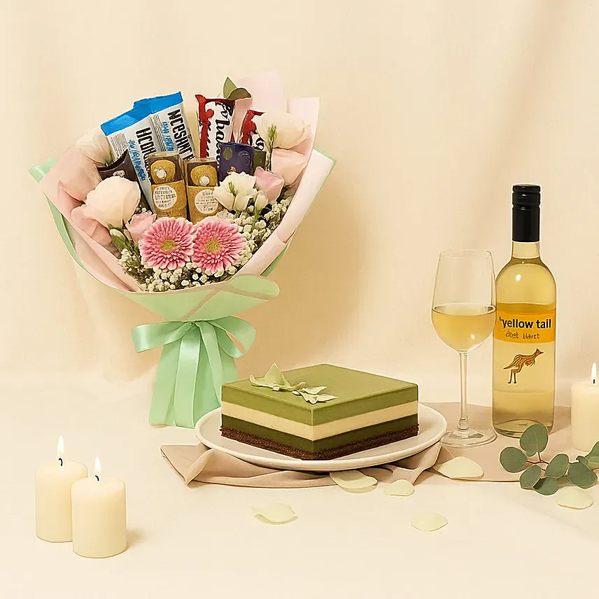 Dubai Chocolate Cake Flowers & Wine Combo: Chocolate Bouquet Singapore