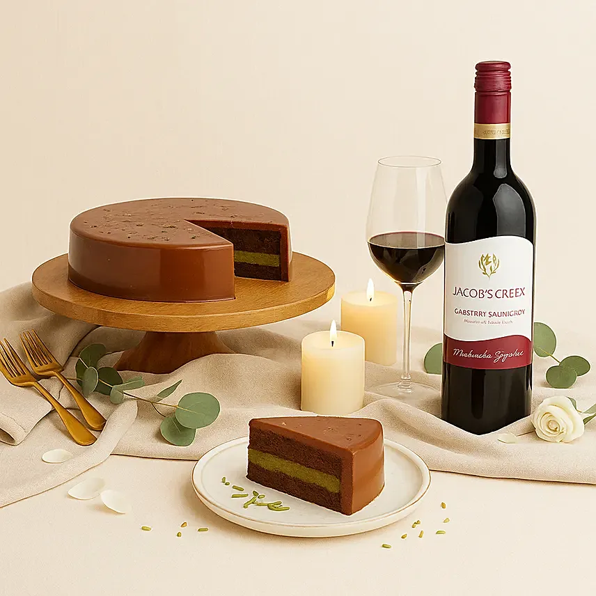 Dubai Chocolate Cake & Wine Combo: Birthday Gifts 