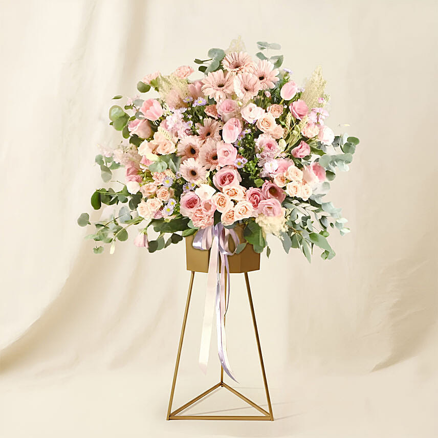 Blooming Pink Flowers Tripod Stand: Grand Opening Flowers
