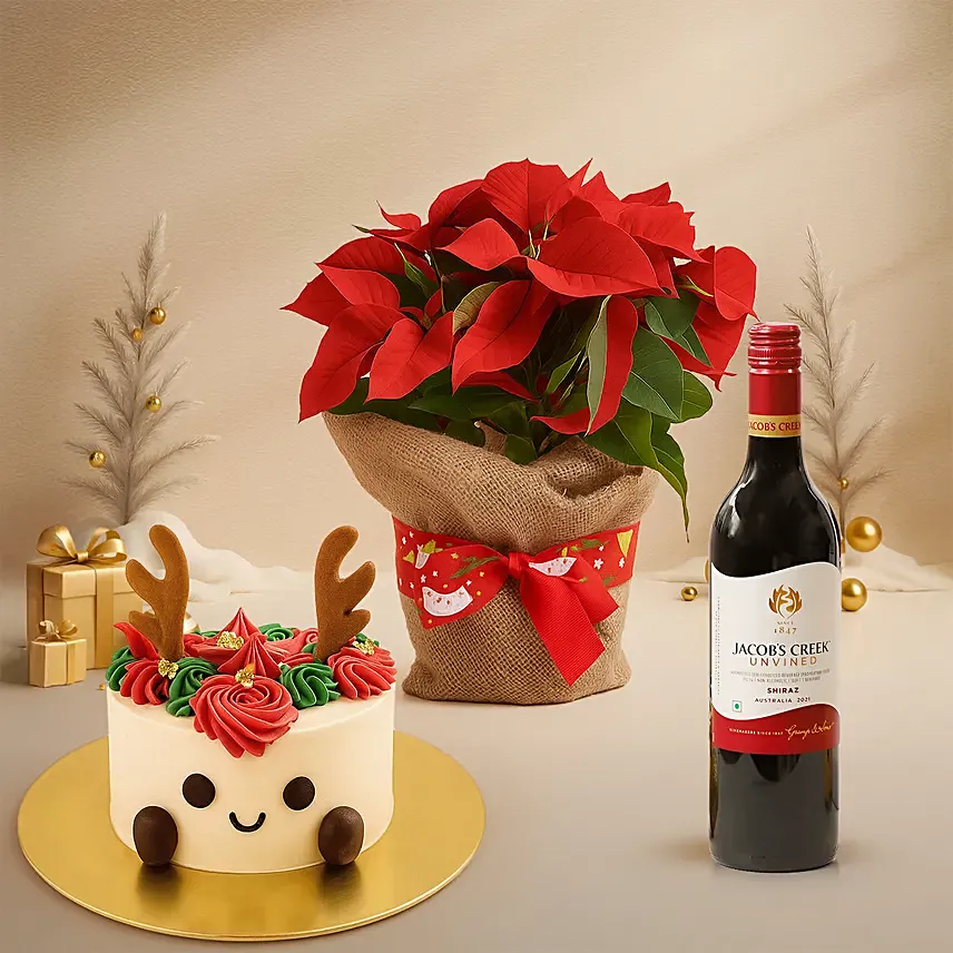 Poinsettia Plant in Natural Jute - Wine & Reindeer Cake Set: Christmas Trees Singapore