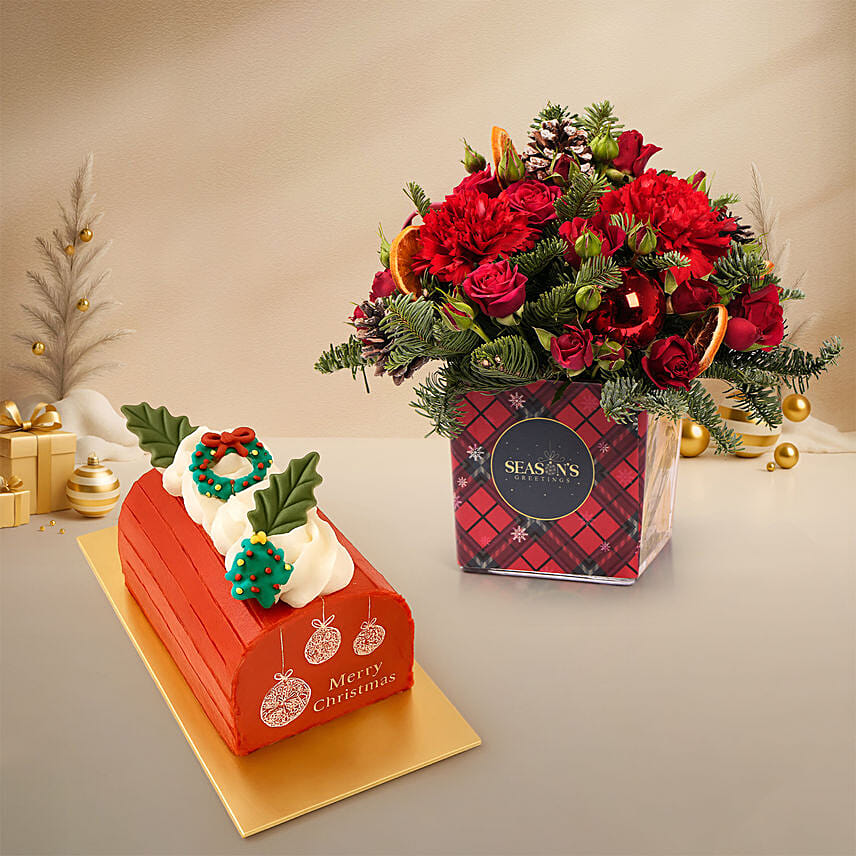 Seasons Greetings Floral Box and Log Cake: Christmas Log Cakes