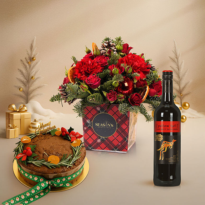 Seasons Greetings Floral Box - Wine and Plum Cake Set: Christmas Log Cakes