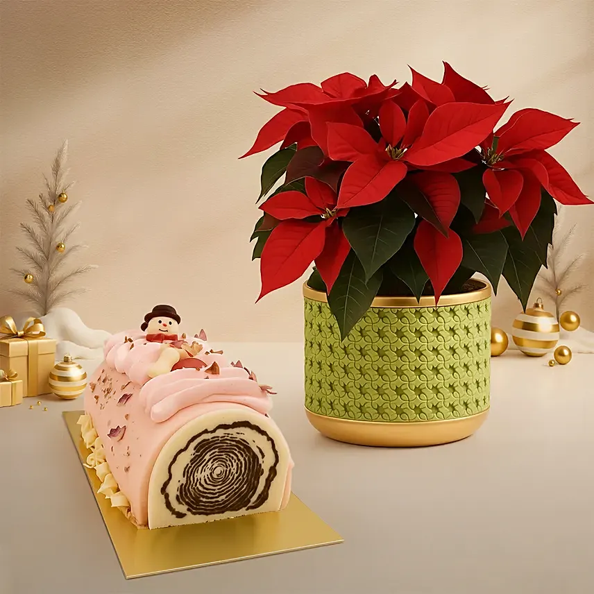 Poinsettia Plant in Designer Vase n Rose n Lychee Log Cake: Christmas Trees Singapore