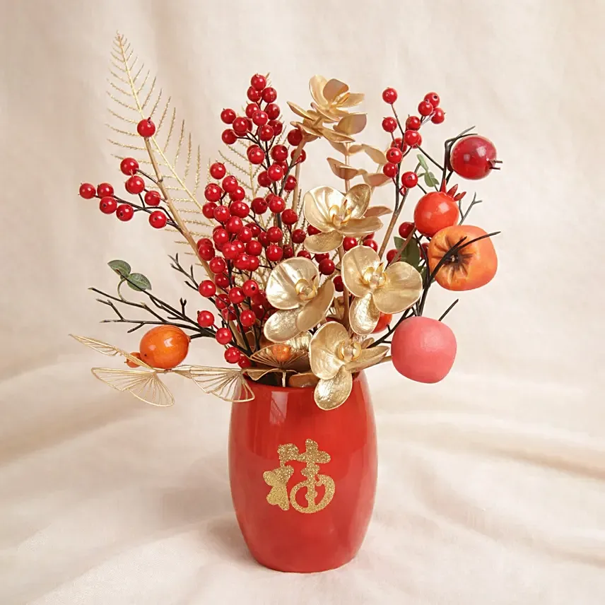 CNY Artificial Arrangment in Red Pot: CNY Flowers