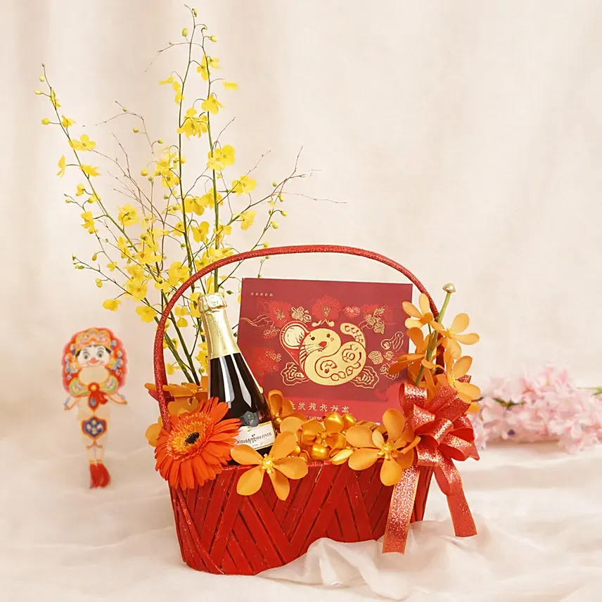 Lunar Year Flower Wine and Chocolate Basket: CNY Hampers & Goodies