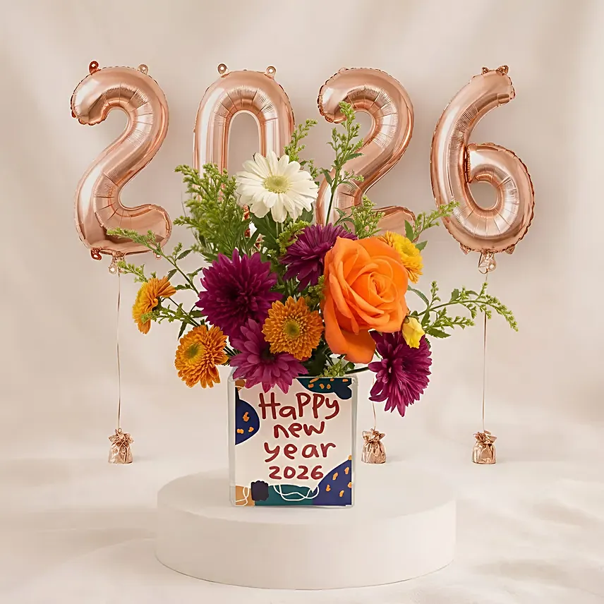 New Year Floral Arrangement with 2026 Balloons: Combo Gifts Singapore