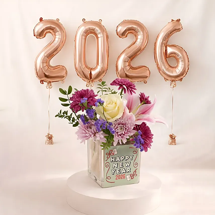 New Year Floral Arrangement with 2026 Balloon Set: New Year Flowers