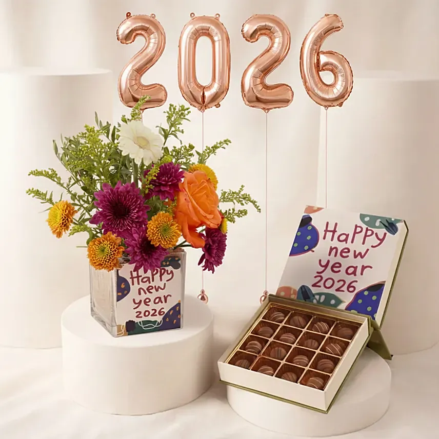New Year Floral Chocolate & Balloon Celebration Set: Gift Delivery Singapore