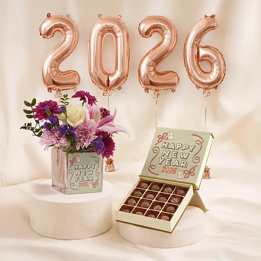 New Year Flowers Chocolates & Balloon Celebration Set: New Year Gifts
