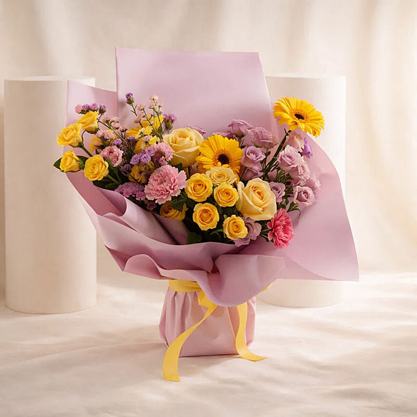 Cheerful Yellow & Pink Flowers Bouquet: New Year Gifts