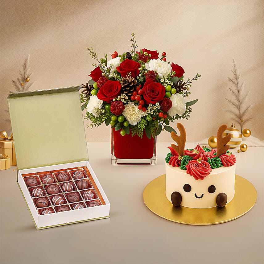 Xmas Red Floral Vase - Reindeer Cake & Truffles Bundle: Christmas Chocolates