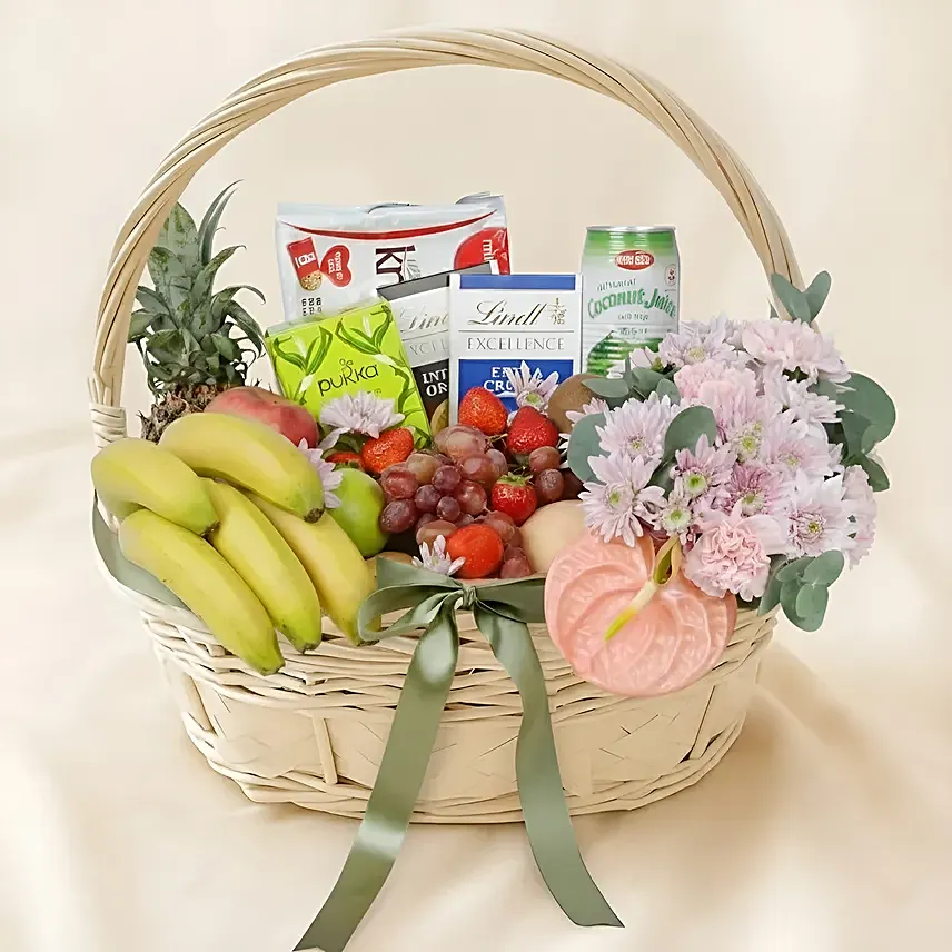 Delighful Fruits Chocolates and Flower Basket: Fruit Hampers 
