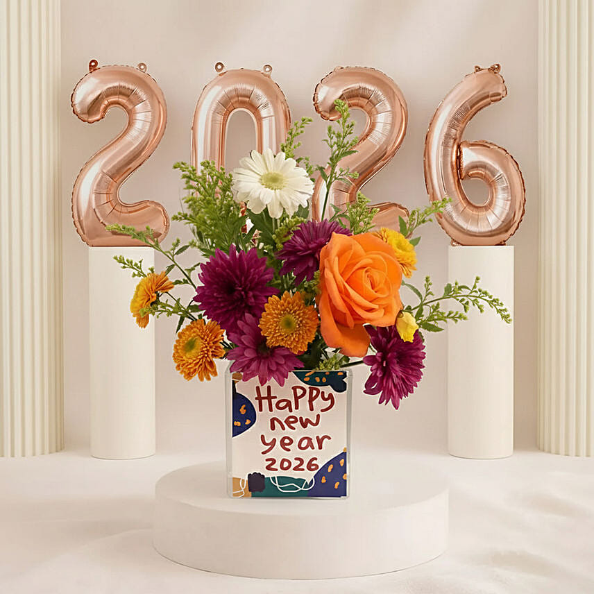 New Year Floral Arrangement with 2026 Balloons: Combo Gifts Singapore