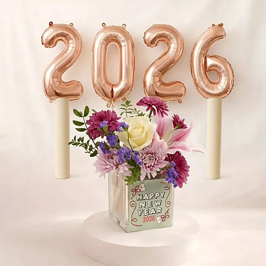 New Year Floral Arrangement with 2026 Balloon Set: New Year Flowers