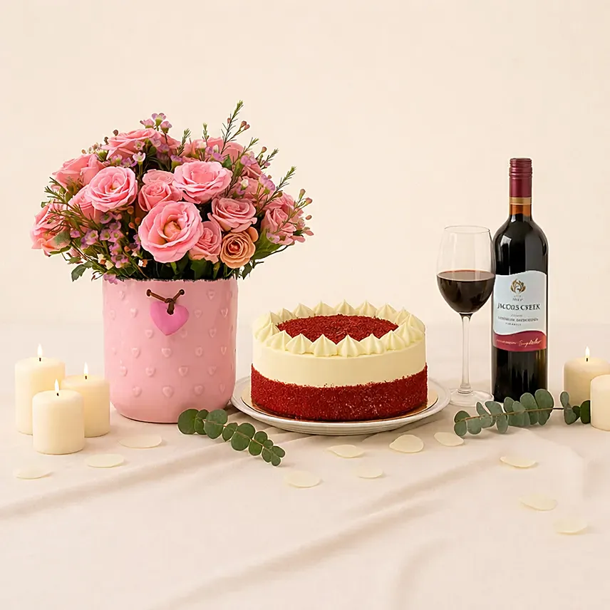 Pink Perfection Blooms with Cake and Wine: For Valentine's Day