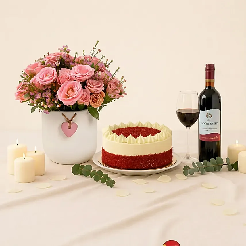 Pink Perfection Blooms - Cake and Wine Bundle: Thank You flowers