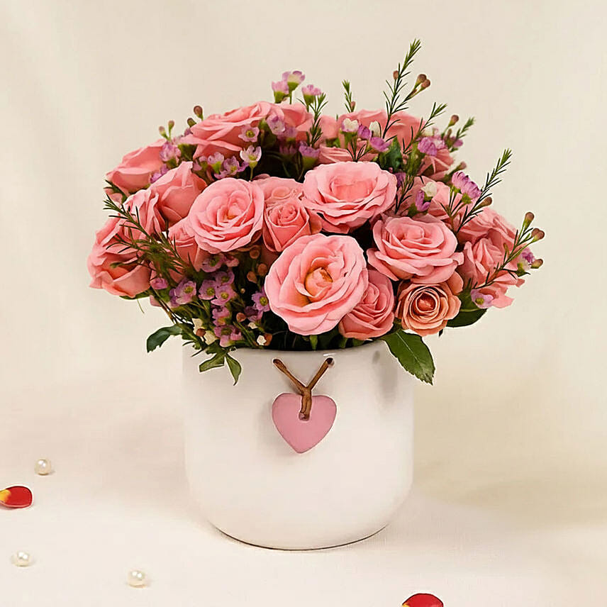 Pink Perfection Blooms in White Heart Vase: Thank You flowers