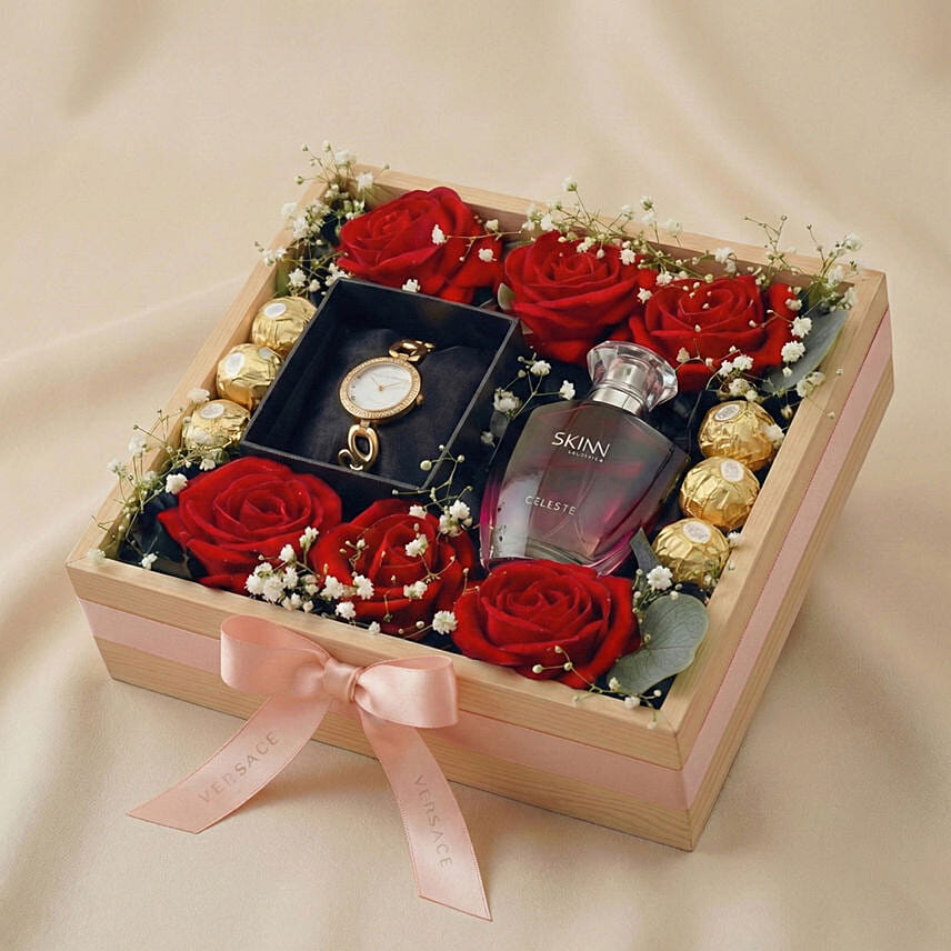 Premium Valentine Gift Box &ndash; Red Roses, Skinn Perfume & Chocolates: Valentine's Chocolates