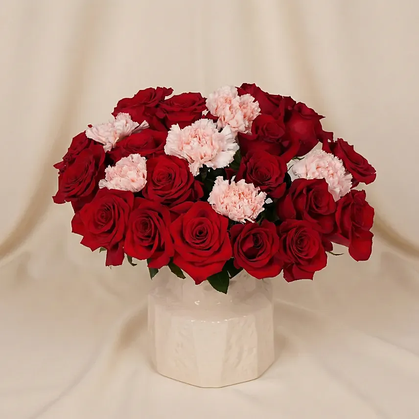 Roses and Carnations in Premium Vase: Valentine's Day Gifts
