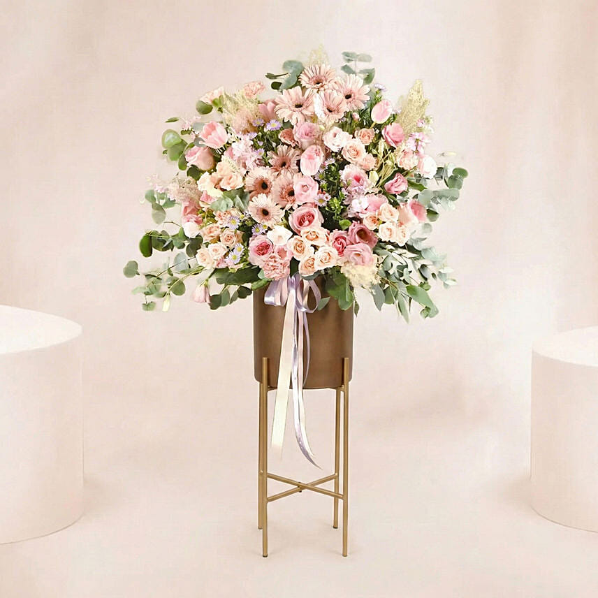 Blooming Pink Flowers Tripod Stand: Grand Opening Flower Stand