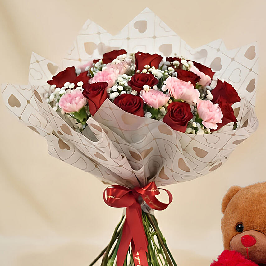 Carnation & Red Roses Bouquet with Teddy Delivery in Singapore - FNP SG