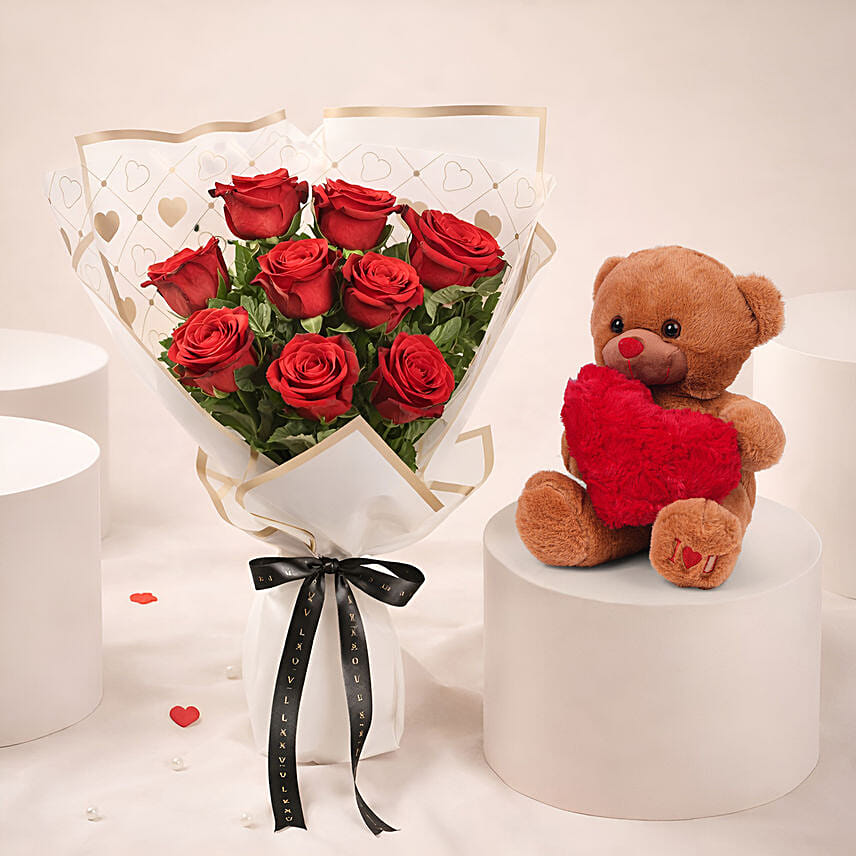 9 Red Roses N Teddy Combo Delivery in Singapore - FNP SG