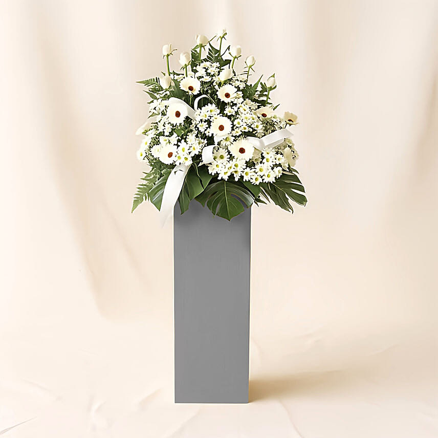 Serene Mixed Flowers Brown Stand Arrangement: Condolence Flower Stands