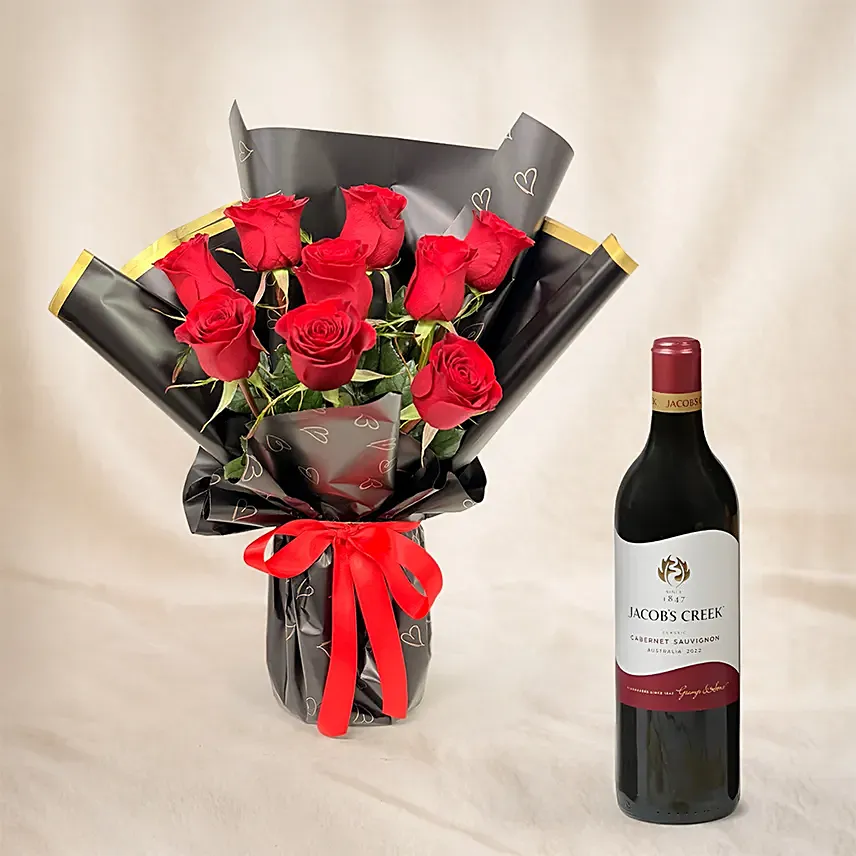 Valentine's Day 9 Roses Bouquet n Wine Combo: 