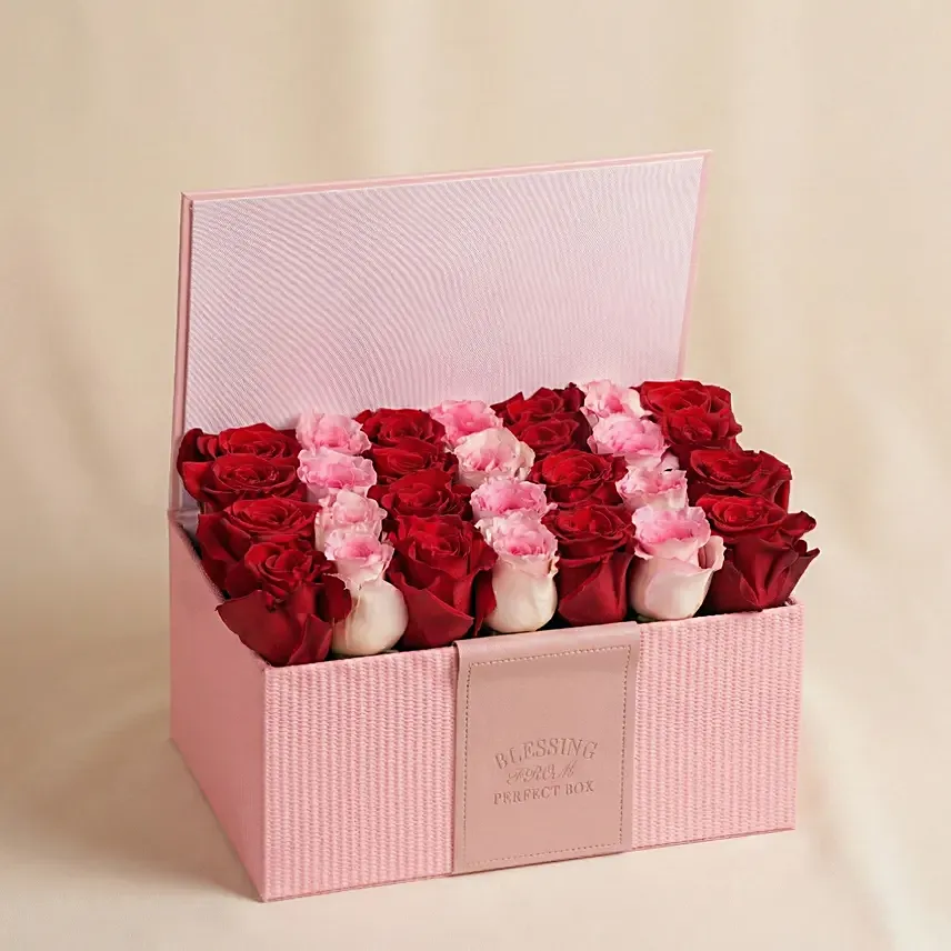 Valentines Pink and Red Roses in Pink Leather Box: Valentine's Day Gifts