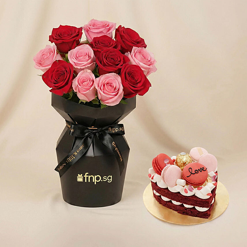 Roses Blushs Bouquet with Cake Delivery in Singapore - FNP SG