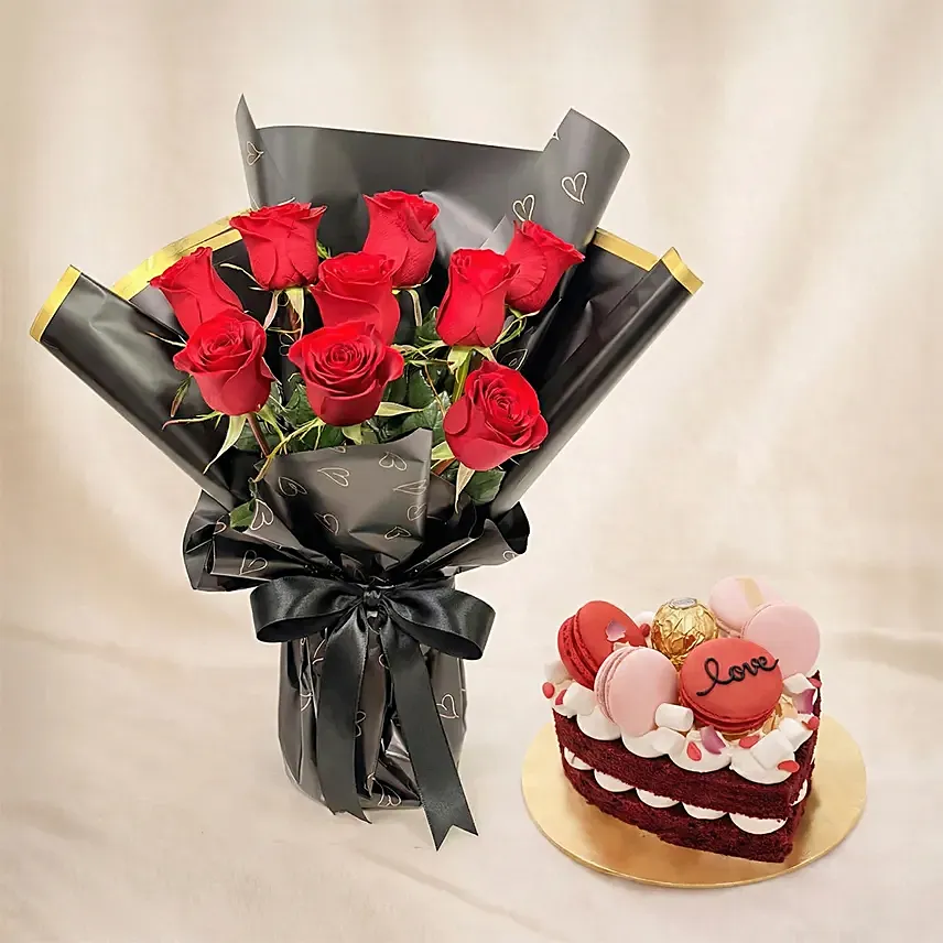 9 Roses and Cake Combo: Valentine's Day Gifts