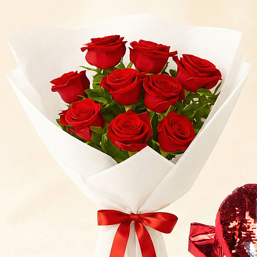 Love 9 Red Roses Bouquet n Heart Cushion Delivery in Singapore - FNP SG