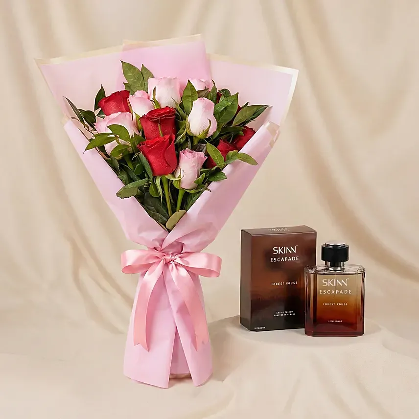 24 Mixed Rose Bouquet with Titan Perfume For Him: Valentines Day Flowers N-perfumes