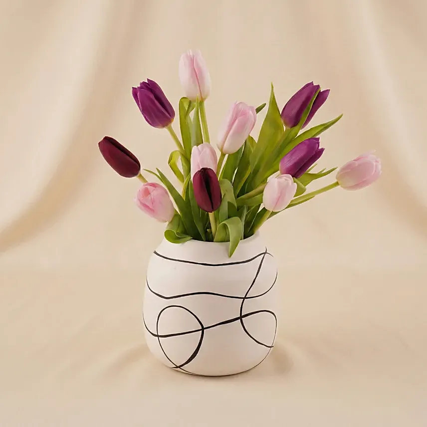 Pastel Pink & Plum Tulip Vase Arrangement: Women's Day Gifts