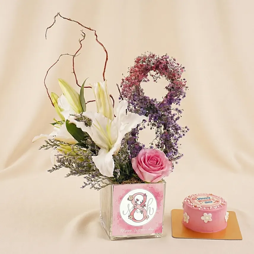Women&rsquo;s Day Signature Bloom & Cake Duo: International Women's Day Gifts