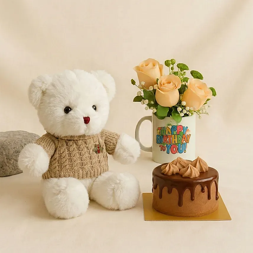 Birthday Floral Mug Arrangement with Teddy N Chocolate Cake: Bento Cakes 