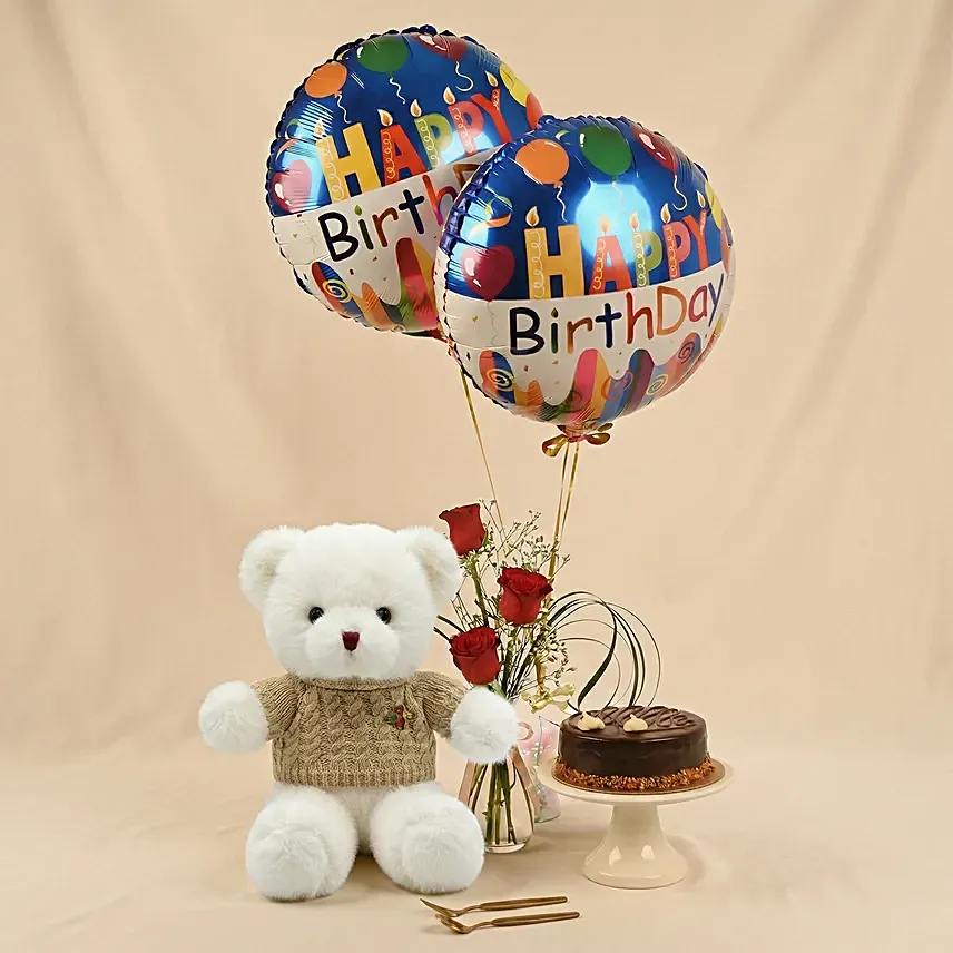 Birthday Surprise Combo with Roses, Cake, Teddy & Balloons: Soft Toys