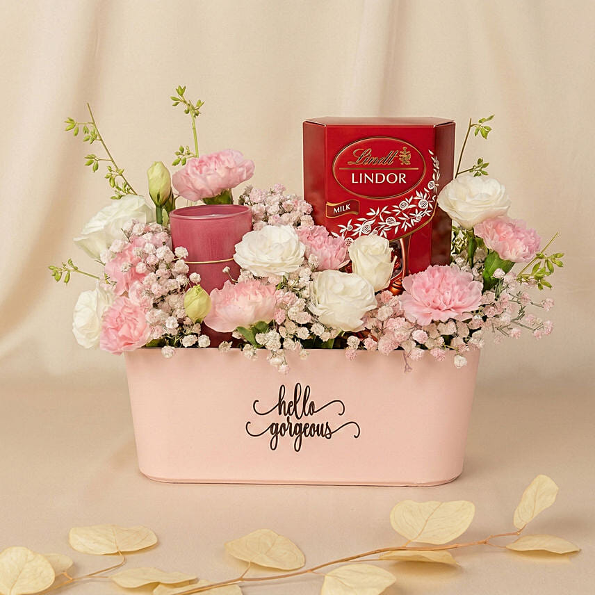 Charming Pink Basket with Flowers, Lindt Chocolates & Candle: International Women's Day Gifts