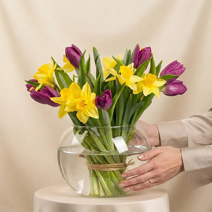 Daffodils and Tulips Beauty in Fish Bowl: Easter Flowers