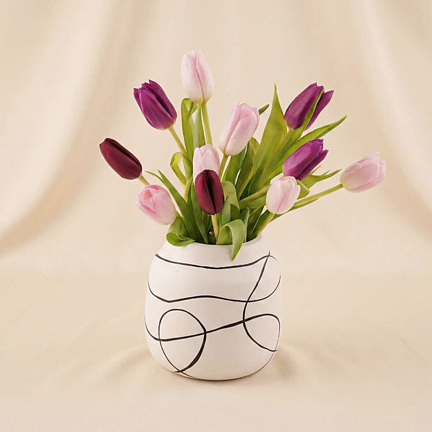 Pastel Pink & Plum Tulip Vase Arrangement: Women's Day Gifts