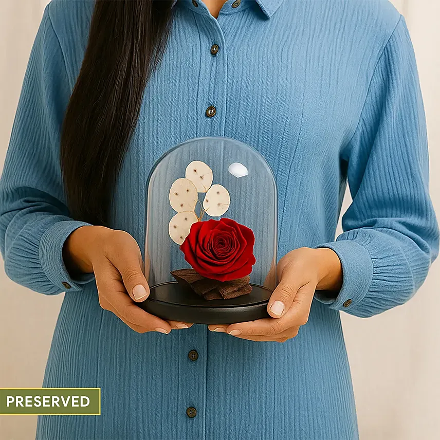 Red Forever Rose In Glass Dome: Preserved Flowers Singapore