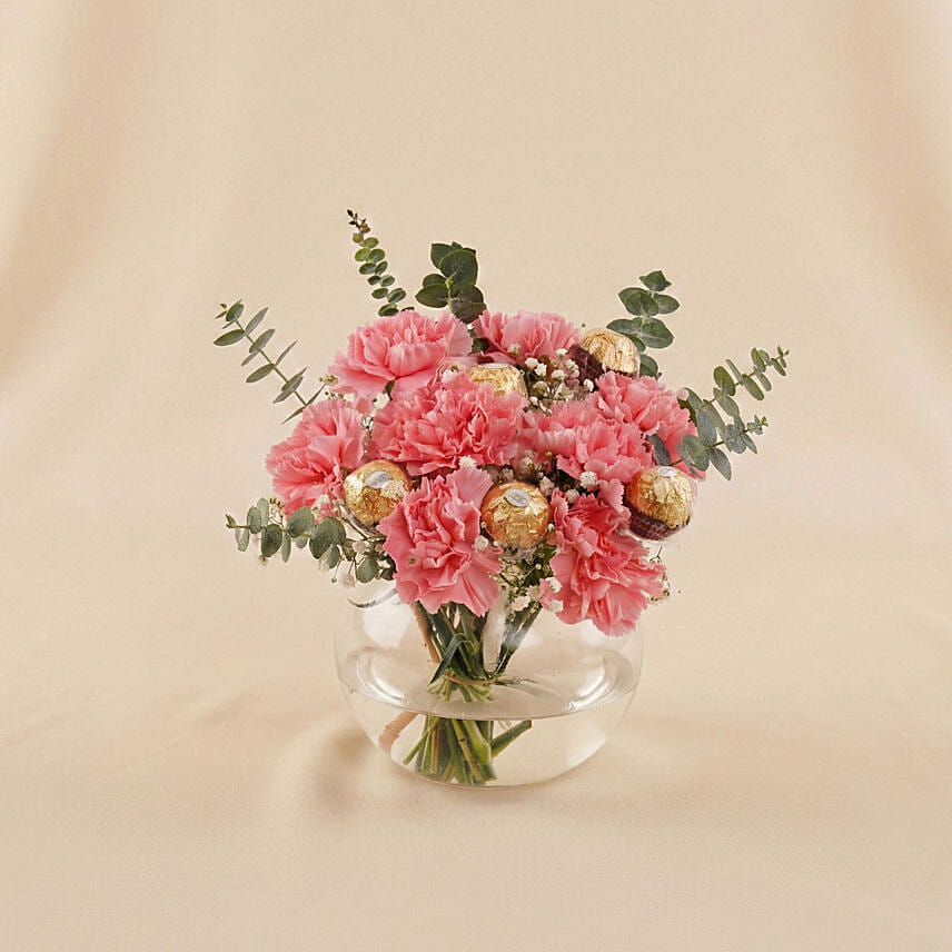 Pink Carnation & Ferrero Rocher Vase Arrangement: For Anniversary