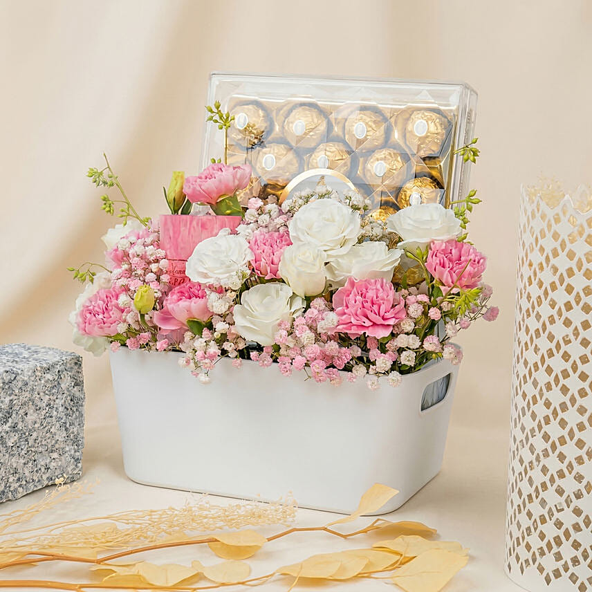 Flowers and Fererro Rocher Chocolate Basket: Flower and Chocolates For Anniversary
