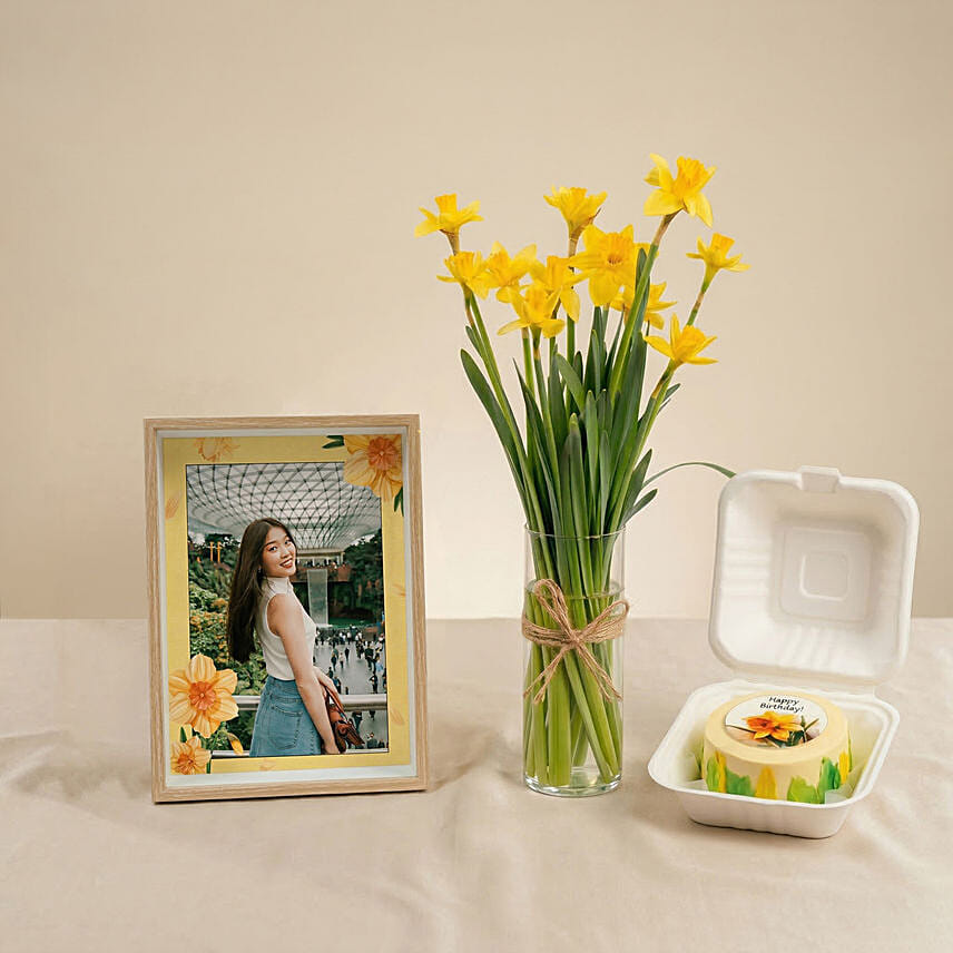 Daffodil Flowers Vase & Cake with Personalised Frame: Personalised Combo Gifts