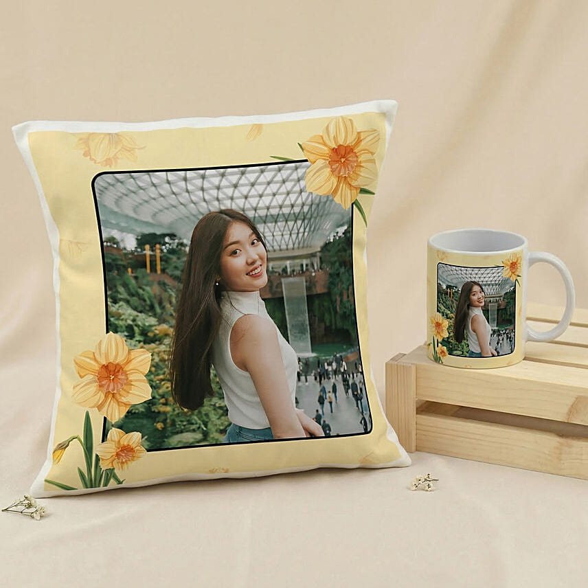 Daffodils Themed Personalised Mug and Cushion: Personalised Combo Gifts