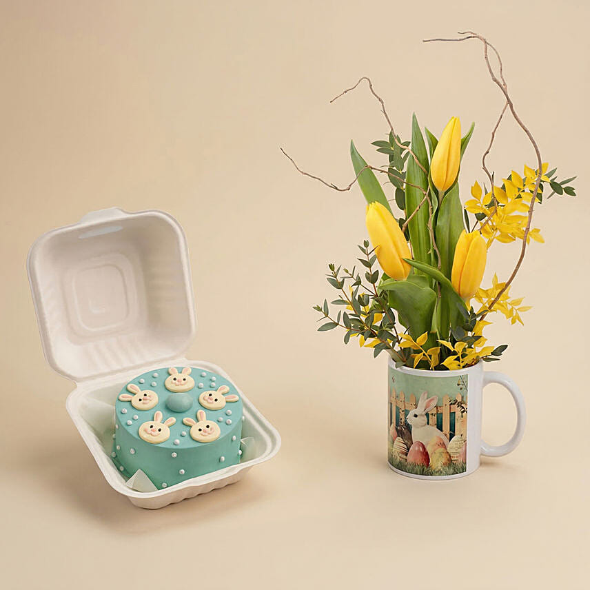 Easter Wishes Bento Cake and Tulips Mug: 